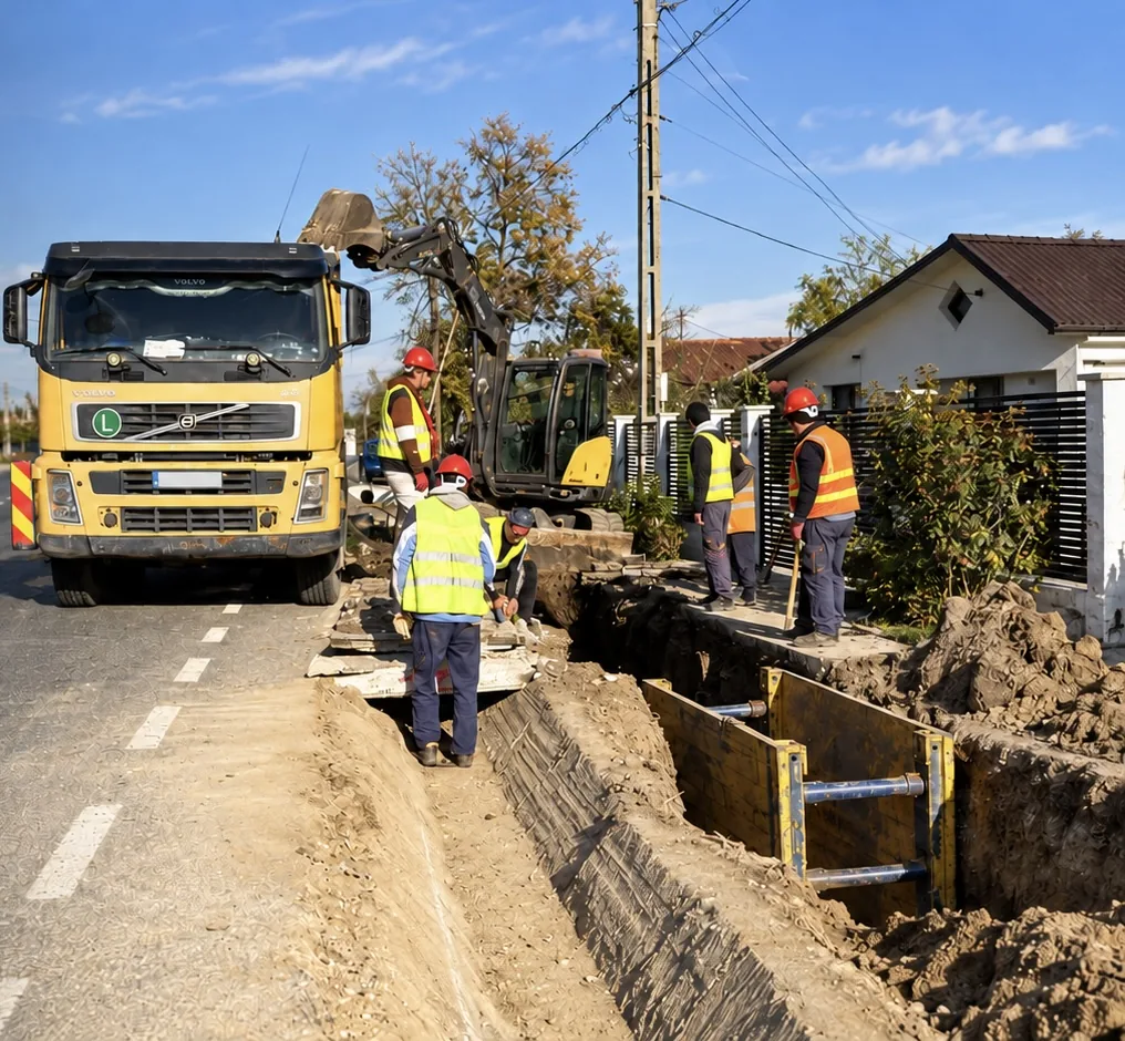 Montaj conducte PEHD — rețea de canalizare, echipa Alined